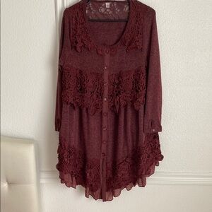 Burgundy Pretty Angel Lace Button-Up Tunic